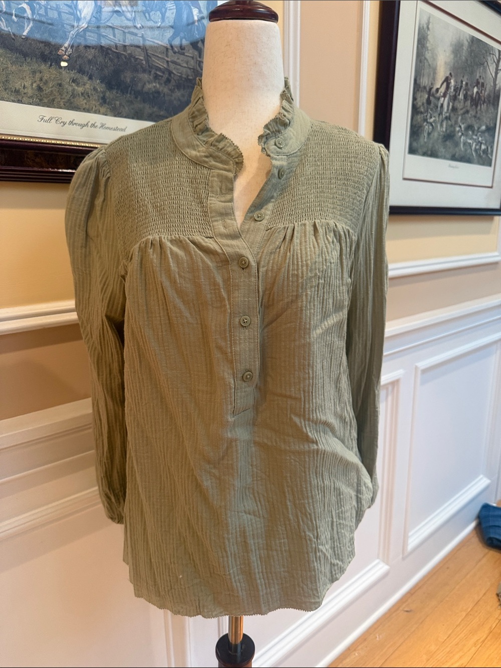 J. Crew Olive Green Button-Up Peasant Blouse size S like new